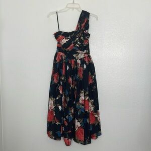 Unique Vintage Black Floral Roses One Shoulder Pinup Retro Dress Size Small
